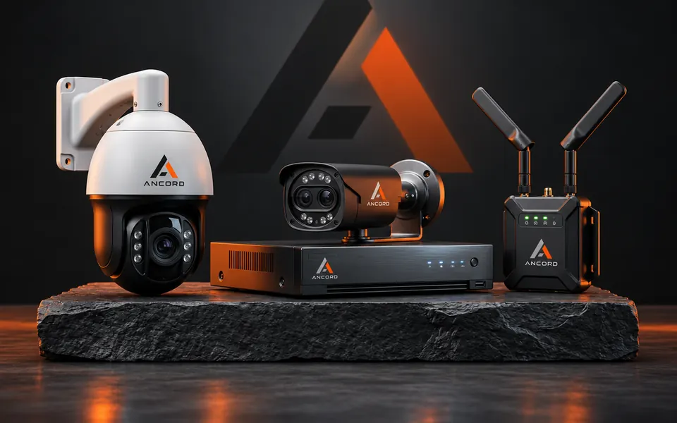 Illustration of a PTZ camera, a bullet camera, a video recorder and a 4G router
